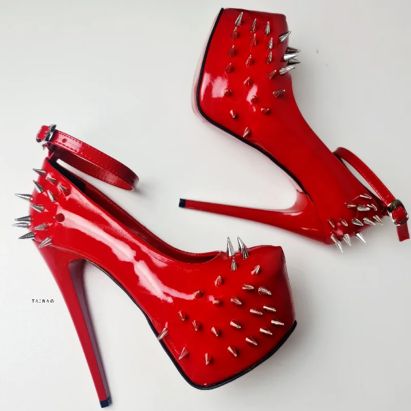 Red Gloss Spike Studded Ankle Strap Heels