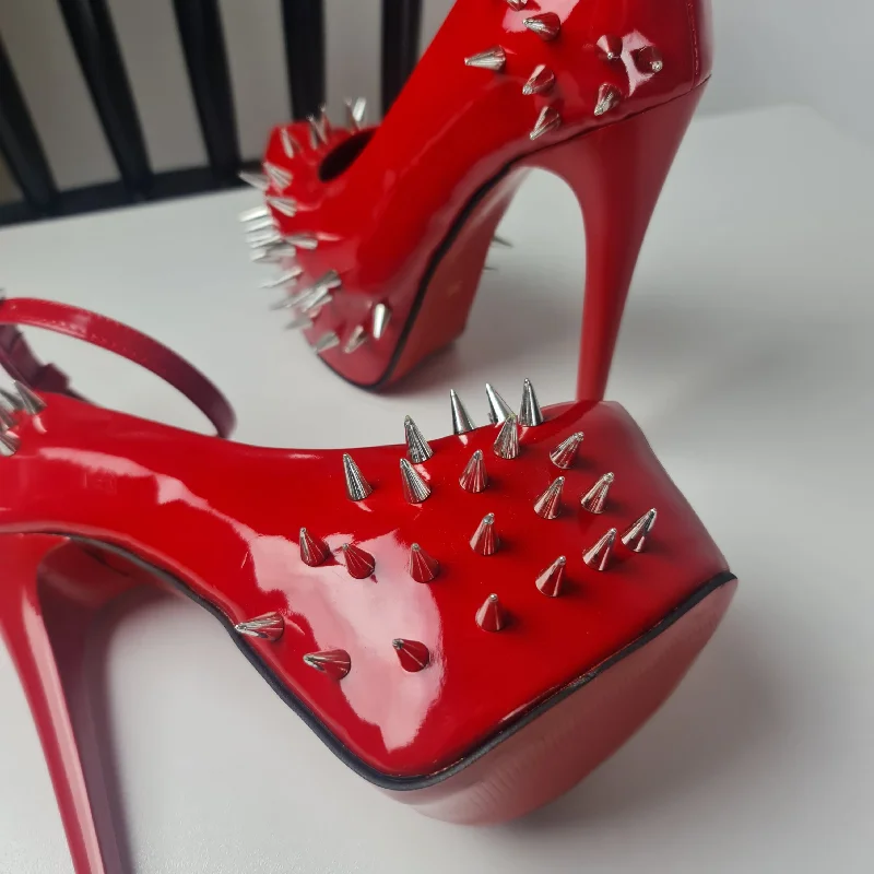 Red Gloss Spike Studded Ankle Strap Heels