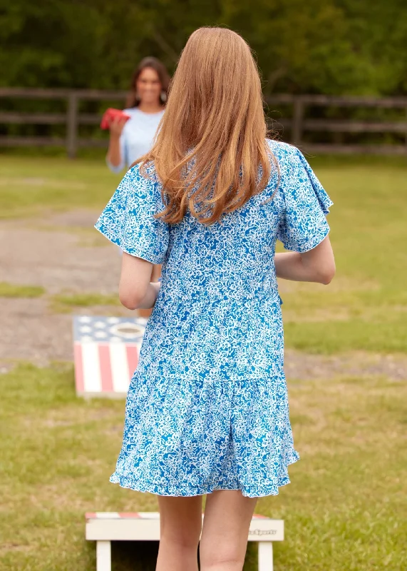 Blue Game Day Short Sleeve Tiered Dress