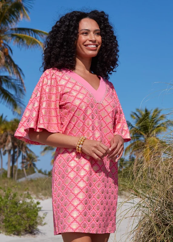 Coral Metallic Embroidered Flutter Sleeve Shift Dress