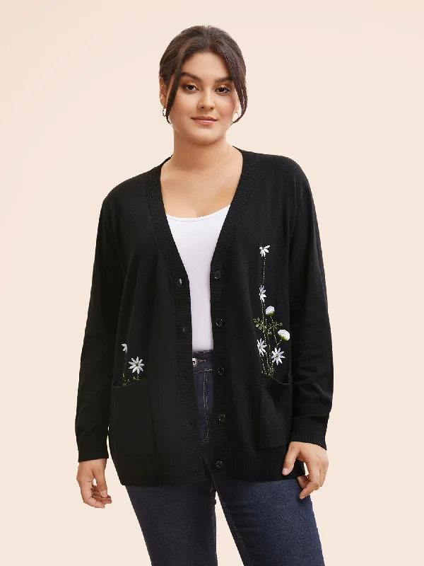 Floral Embroidered Patched Pocket Cardigan