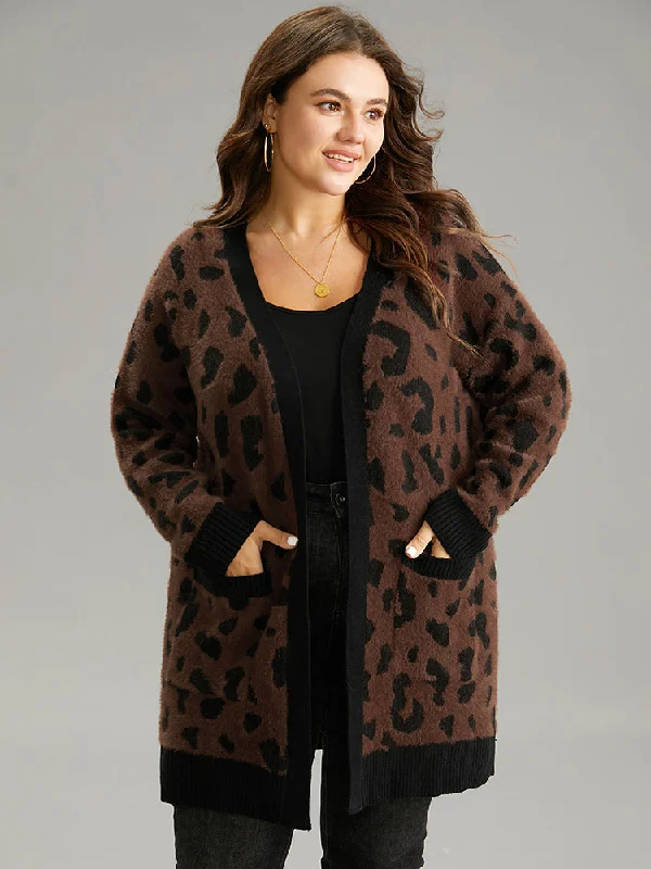 Leopard Contrast Open Front Jacquard Cardigan