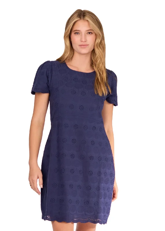 Navy Eyelet Short Sleeve Shift Dress