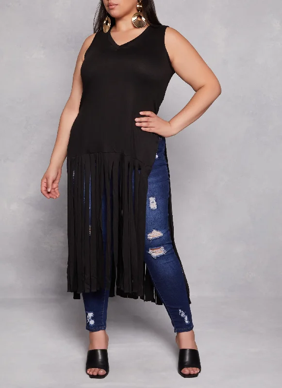 Plus Size Side Slit Fringe Maxi Tank Top