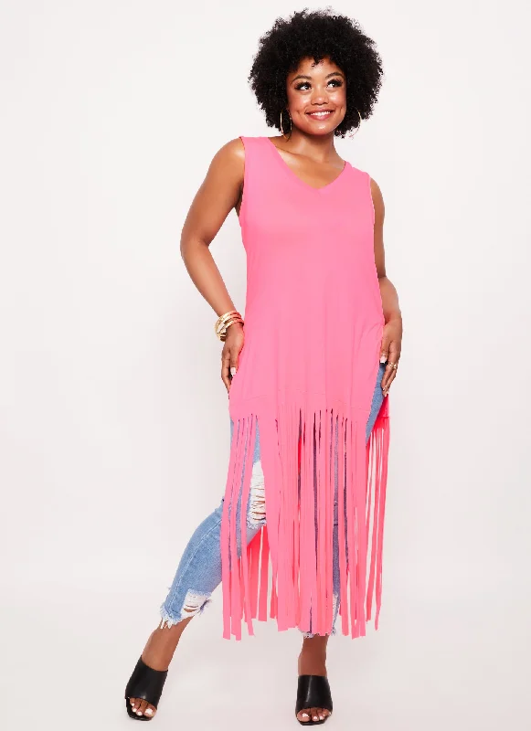 Plus Size Side Slit Fringe Maxi Tank Top