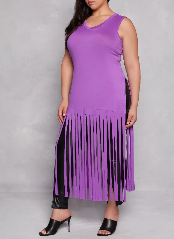 Plus Size Side Slit Fringe Maxi Tank Top