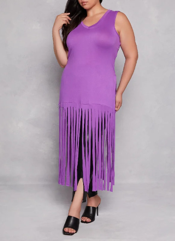 Plus Size Side Slit Fringe Maxi Tank Top