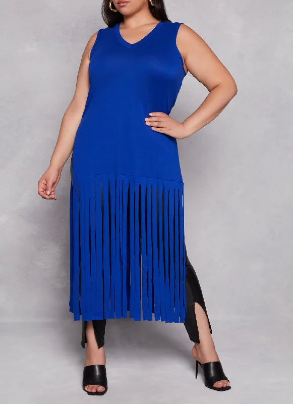 Plus Size Side Slit Fringe Maxi Tank Top