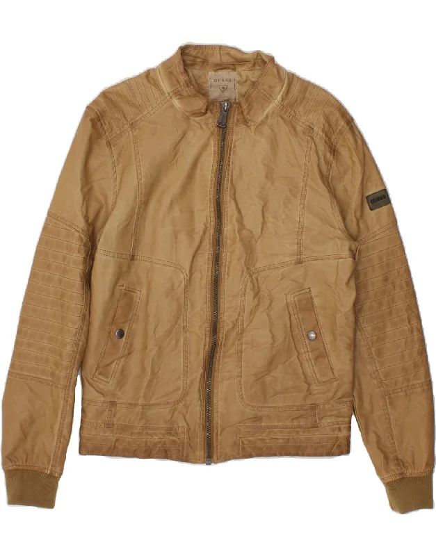Men's Coats with ZippersGUESS Mens Leather Jacket UK 36 Small Brown Leather