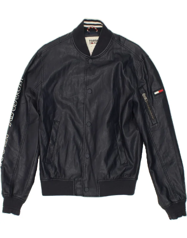 Men's Coats Made in ItalyTOMMY HILFIGER Mens Faux Leather Bomber Jacket UK 36 Small Navy Blue