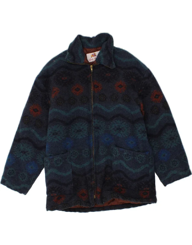 Men's Coats for Snowy WeatherVINTAGE Mens Abstract Pattern Bomber Jacket UK 36 Small Navy Blue Wool