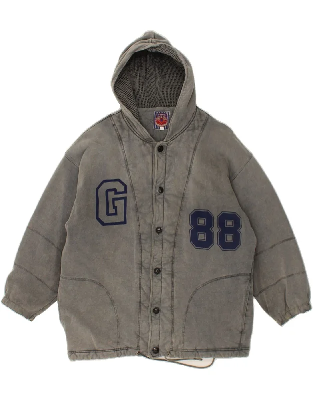 Men's Coats with Multi-Pocket DesignVINTAGE Mens Graphic Hooded Windbreaker Jacket UK 40 Large Grey Cotton