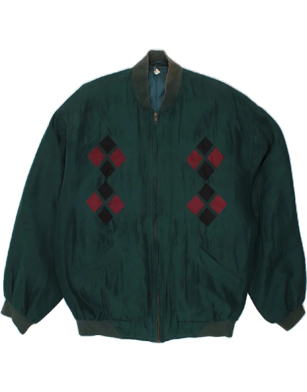 Men's Coats with Slim FitsVINTAGE Mens Loose Fit Bomber Jacket UK 34/36 XS Green Argyle/Diamond Silk