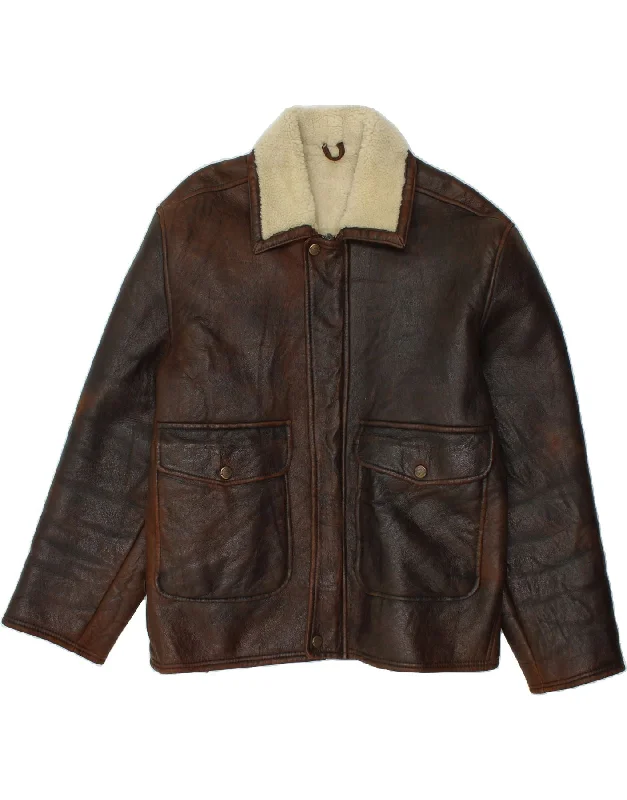 Men's Coats with Adjustable SleevesVINTAGE Mens Shearling Jacket IT 56 3XL Brown Shearling