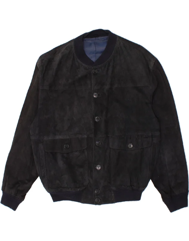 Men's Coats for SnowshoeingVINTAGE Mens Suede Bomber Jacket IT 54 2XL Navy Blue Leather