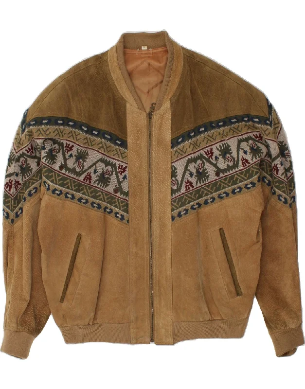 Men's Coats with Velcro ClosuresVINTAGE Mens Suede Bomber Jacket UK 38 Medium Brown Fair Isle Leather