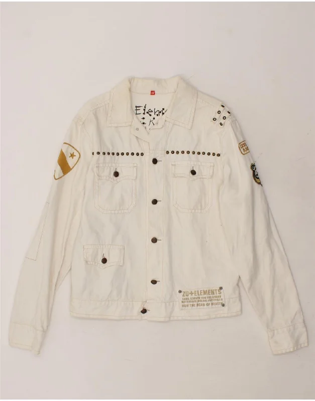 Men's Coats for Formal EventsZU ELEMENTS Mens Graphic Denim Jacket UK 42 XL Off White Cotton